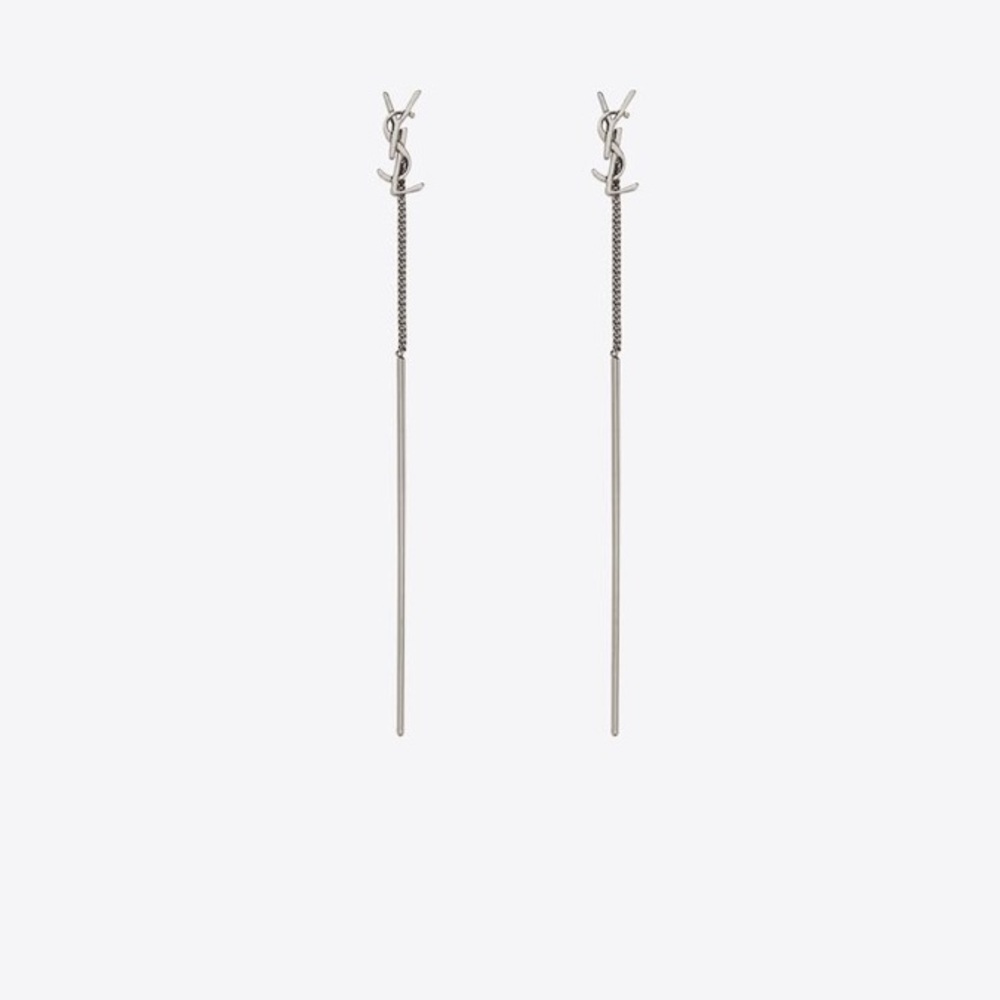 SAINT LAURENT CASSANDRE THREADER EARRINGS IN METAL (SILVER)